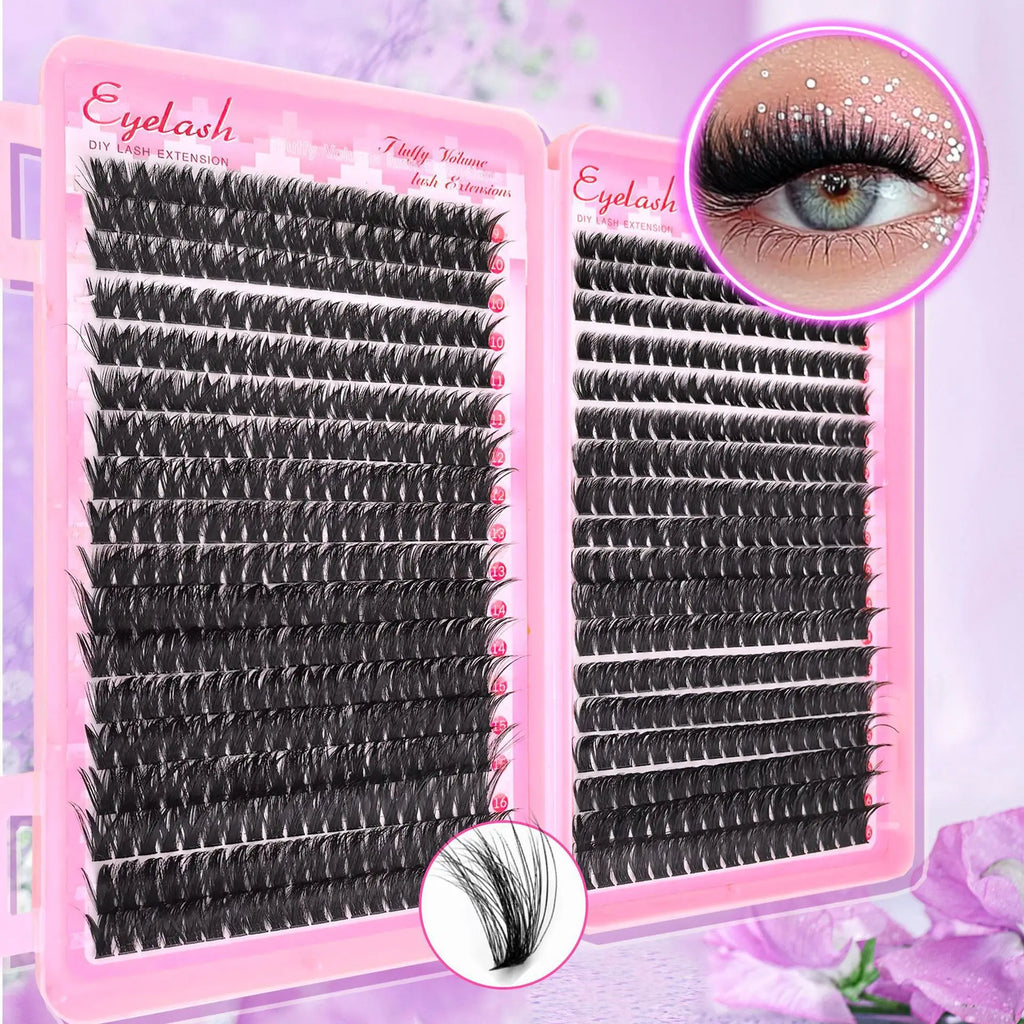 Extra Thick DIY Lash Extension Kit - Fluffy Volume Individual Lashes, Complete Set with Bond & Seal, Applicator & Tweezers