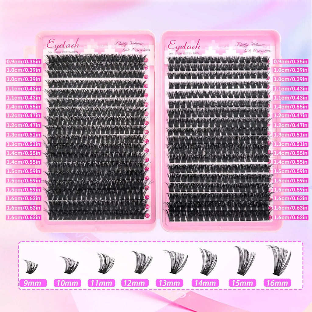Extra Thick DIY Lash Extension Kit - Fluffy Volume Individual Lashes, Complete Set with Bond & Seal, Applicator & Tweezers