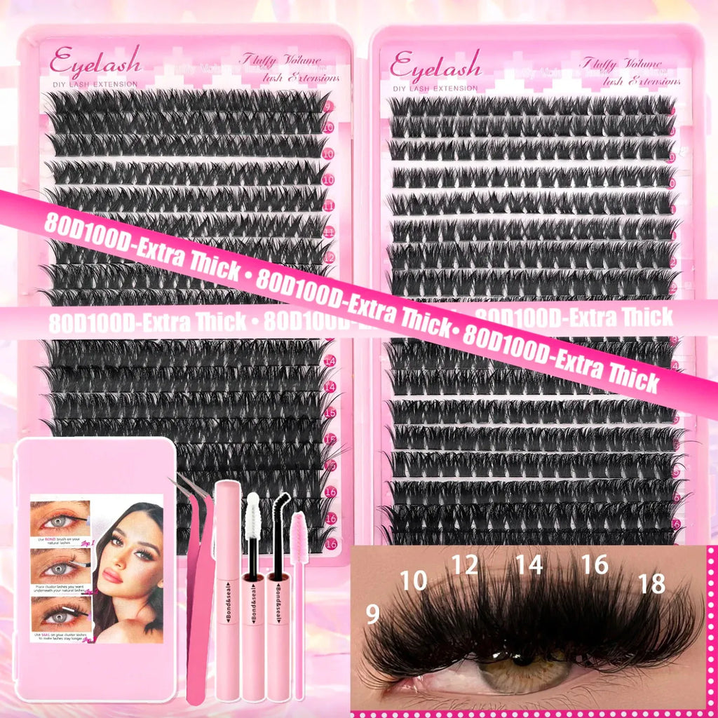 Extra Thick DIY Lash Extension Kit - Fluffy Volume Individual Lashes, Complete Set with Bond & Seal, Applicator & Tweezers