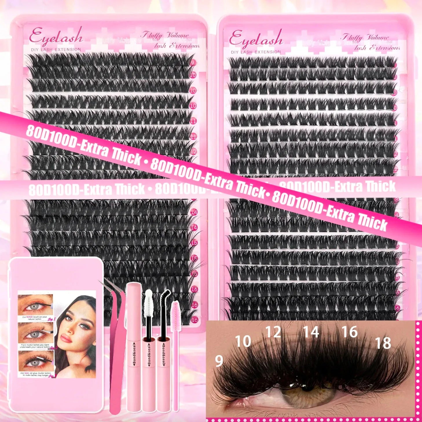 Extra Thick DIY Lash Extension Kit - Fluffy Volume Individual Lashes, Complete Set with Bond & Seal, Applicator & Tweezers