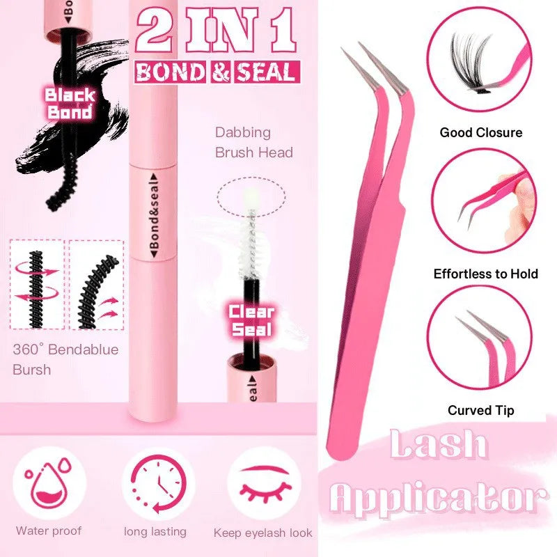 Extra Thick DIY Lash Extension Kit - Fluffy Volume Individual Lashes, Complete Set with Bond & Seal, Applicator & Tweezers